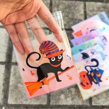 100 piezas Bolsas de regalo autoadhesivas de Halloween con diseños mixtos de calabaza, fantasma, gato negro, murciélago y búho, patrones coloridos para regalos, dulces y recuerdos de fiestas de Halloween