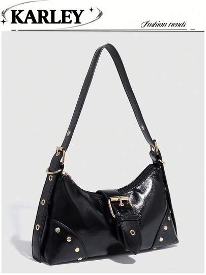 1件女士复古Melaleuca Angora做旧皮革豹纹机车包，饰有铆钉和搭扣，可用作单肩包、腋下包、公文包，适合工作、通勤、约会、派对等各种场合，Y2K风格，2000年代时尚，哥特朋克风女包