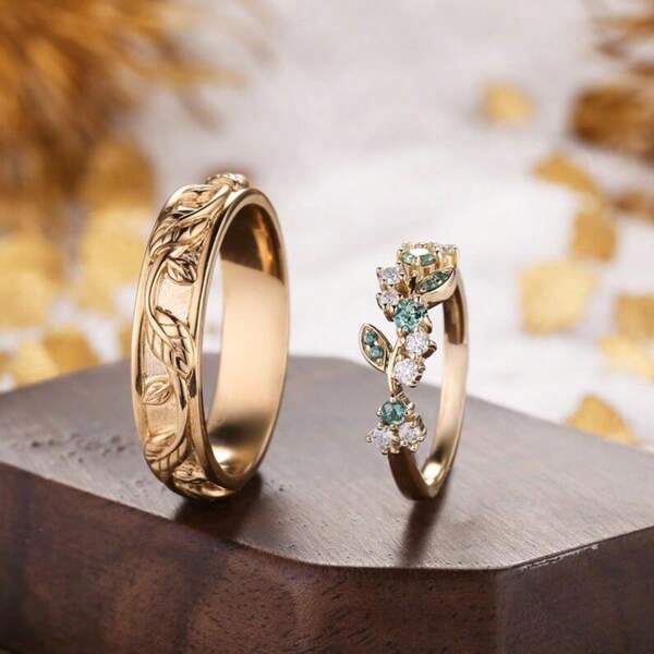 1 Set de Anillos de Pareja Chapados en Cobre Dorado, Diseño Minimalista y de Moda, Anti-Oxidación, Estilo de Pareja Versátil de Lujo Ligero, Anillos Estilo Europeo y Americano Ins