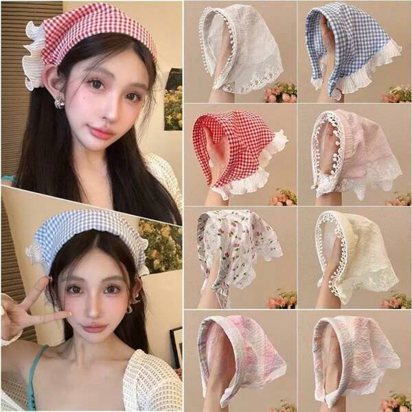 "Handcrafted With Delicate Lace Trimming, This Bohemian Triangle Headscarf Combines French Elegance With Practical Sun Protection. Ideal For Seaside Vacations, Garden Parties, Or Sunny Urban Strolls."