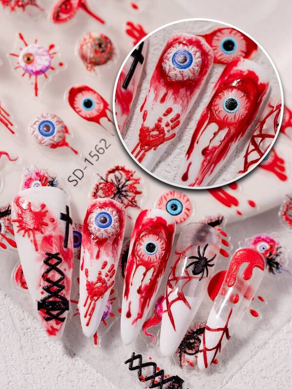 1 pièce Stickers à ongles populaires pour Halloween, décorations d'art pour ongles en relief 3D avec oeil, araignée, crâne