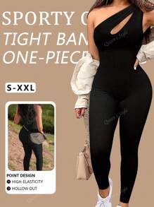 Cutout Front Sleeveless Oblique Shoulder Form-Fitting Jumpsuit, Casual Sports Style, Summer New Arrival