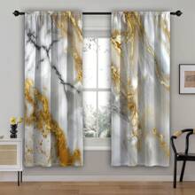2pcs Bohemian Abstract Marble Pattern Blackout Curtains - Gray, White & Golden Design For Kitchen, Living Room, Or Bedroom Privacy Protection, Washable Polyester Fabric, Elegant Modern Decor, Curtains For Living Room