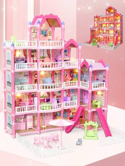 Barnens rosa romantiska prinsessvillahusleksaker, dockhusleksaksset för flickor, gör-det-själv-montering av spelslott, flickors lekhusscen, 3/6/7/14/19 inomhusrum med dockdockhus litet rum, balkong, LED-ljusdekoration, flerskiktade flera stilar, med olika möbeltillbehör, gratis monteringskonstruktion, en liten present till små flickors semesteröverraskning!