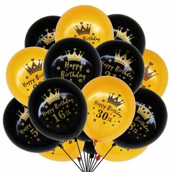 5/10 PCS Birthday Crowns & Gold/Black-Gold/Rose Gold Latex Balloons - Highly Recommended For 1st/13th/16th/18th/21st/30th-70th Birthday Parties | Perfect "Happy Birthday" Decor