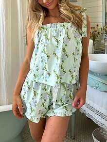 Women Y2k Floral Pajamas Set Bow Tie Shoulder Strap Sleeveless Flowy Smocked Crop Tank Top And Ruffle Boxer Shorts Sets 2 Summer Cute Sleepwear Pjs Loungewear - 綠色 - 查看 3