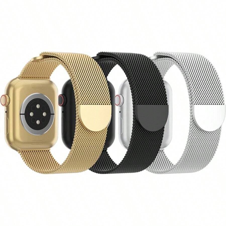 Paquete de 3 correas de malla metálica compatibles con Watch de 38mm 40mm 41mm 42mm 44mm 45mm 46mm 49mm, correa de bucle magnético de acero inoxidable para Ultra 3 2 1 Series 11/10/9/8/SE//6/5/4/3 para hombres y mujeres - Oro/Negro/Plata - Ver 1