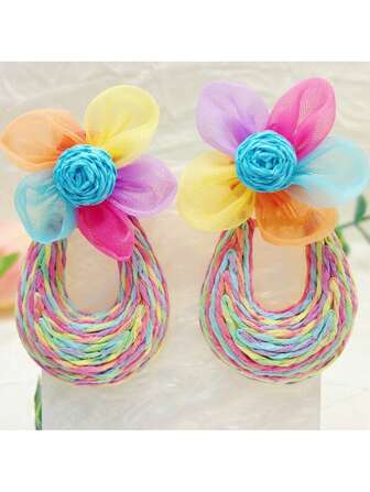 1 Pair Woven Mesh Floral U-Shaped Earrings, Suitable For Everyday Wear