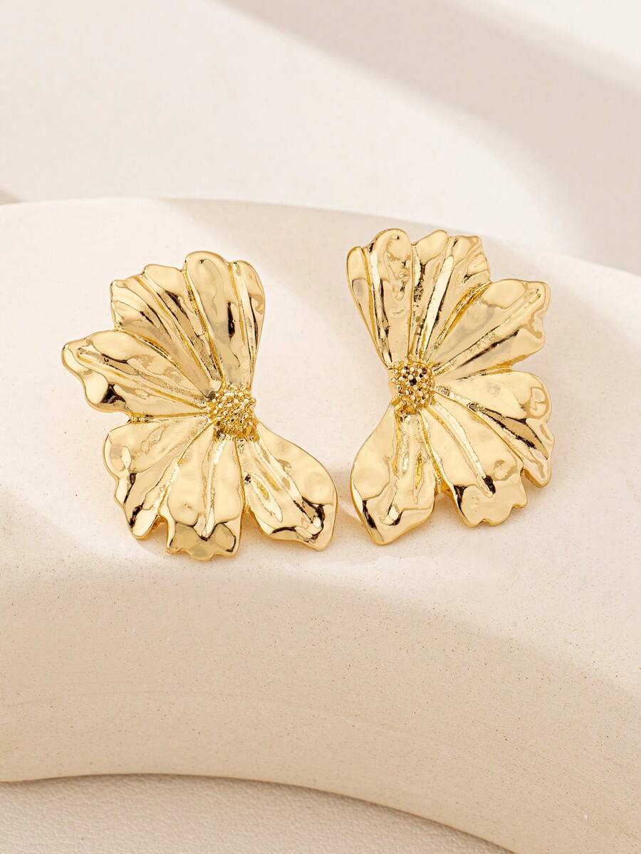 1 Pair Flower Design Earrings, Suitable For Everyday Wear - Yellow Gold - View 1