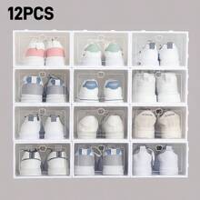 12pcs Thick Transparent Flip-Top Shoe Storage Boxes, Foldable Drawer-Style Plastic Shoe Organizers, Ideal For Summer Shoe Storage And Space Saving
