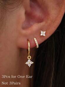 3件套14K镀金小锆石花朵耳钉，轻盈低敏，适合耳软骨、耳垂、耳廓、耳屏等穿孔部位，女士及女孩适用。