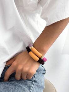 2 件套复古厚实多色木质串珠手链套装，时尚女士和情侣款