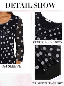 CheersLife 女式七分袖束腰上衣休闲宽松花卉衬衫网眼褶皱多层衬衫 - 黑色 - 查看 3