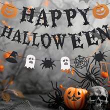 Halloween Banner, Happy Halloween Banners With Halloween 3D Bats Stickers, Horror Pumpkin Witch Hat Spider Halloween Decorations Hanging Bunting For Halloween Party Supply Indoor Outdoor Home Yard