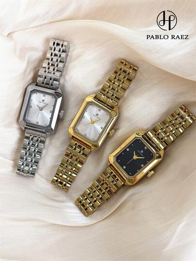 Pablo Raez 1件女士复古腕表，18K金饰，不锈钢表带，夏季配饰腕表，银色，不褪色，顶级AAA级原装，精美时标，高品质女士腕表，奢华正装腕表，IPS电镀，优雅新款矩形精致设计石英表