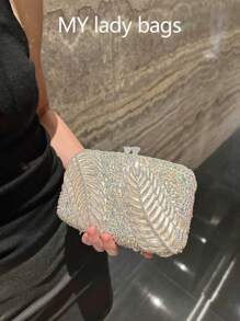 Diamond Wedding Luxury Wallet Design Clutch Bag, Women's Party Shoulder Bag, Leaf Hollow Pattern Evening Bag