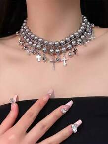 1 Set Of European & American Style Classic Versatile Fashionable Niche Exquisite Pearl Beaded Necklace, Multi-Layer Wear For Men & Women, Sweater Chain, Heavy Choker Necklace,