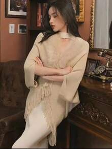 Elegant 1pc Autumn & Winter Fashionable Knitted Shawl With Thick Collar, Fringes & Tassel Design, Suitable For Qipao, All-Matching Style - White - View 7