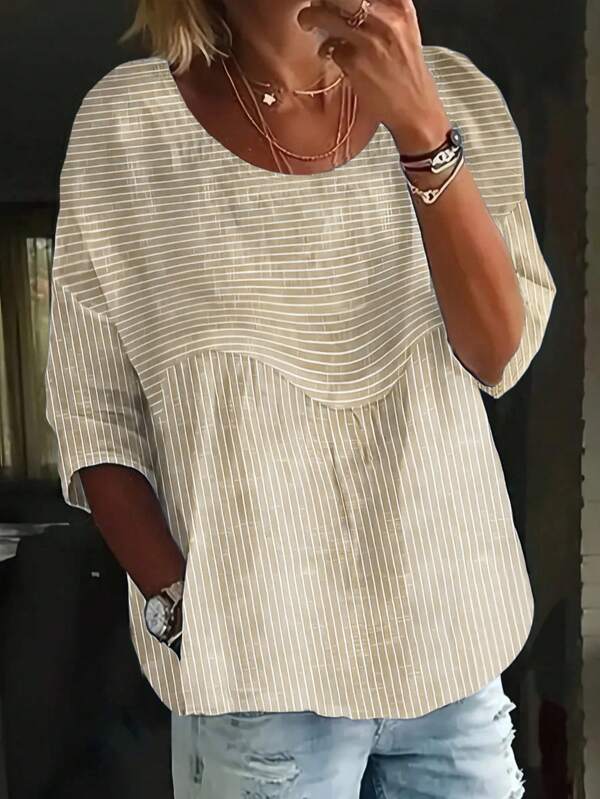 Plus Size Women Casual Loose Striped & Printed Drop Shoulder Top, Suitable For Spring And Autumn
