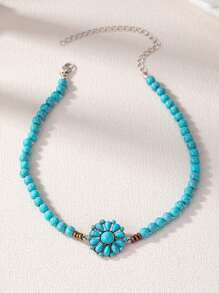 1 Pc Western Turquoise Decor Beaded Choker Necklace For Women