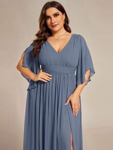 Plus Size Elegant V-Neck Ruffle Sleeve Slit Thigh Chiffon Bridesmaid Dress, Formal Evening Gown For Wedding Guest - Dusty Blue - View 5
