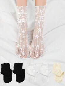 5 双蕾丝花网透明透气中筒袜，新款时尚女士网眼小腿袜，可爱甜美风格