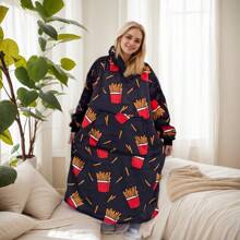 1pc French Fry Printed Hoodie Blanket, Flannel, 48inch Extra Large Loose Casual Hooded Wearable Couple Throw Blanket, Suitable For Men And Women, Sleepwear