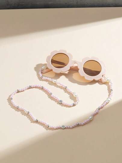 1 Set Kids Pink Flower Decorated Fashion Glasses And 1 Pc Pink Faux Pearl Glasses Chain