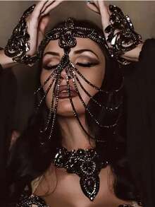 1pc Exaggerated Rhinestone Black Tassel Mask, Mysterious Face Decor Hair Accessory For Women, Party/Masquerade - Black - View 1