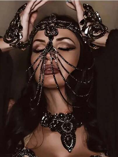 1pc Exaggerated Rhinestone Black Tassel Mask, Mysterious Face Decor Hair Accessory For Women, Party/Masquerade