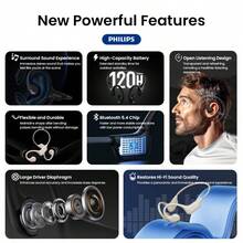 PHILIPS 骨传导开放式无线耳机，支持无线5.4和麦克风，8小时播放时间，隔音效果好，按键控制，防缠绕线缆，Type-C充电，是跑步、骑行等户外运动的理想之选。 - 彩色 - 查看 3