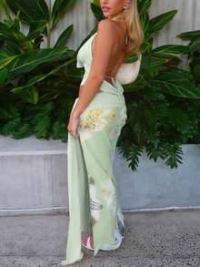 Damen Set aus Spitzen-Rückenfrei-Träger-Swing-Kragen Crop Top und lang Blumenrock mit Mesh-Schlitz, elegantes und sexy zusammenpassendes Outfit - Minzgrün - Übersicht 6