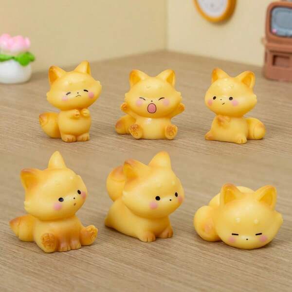6Pcs Of Micro Landscape Cute Mini Fox Statues, Micro Landscape Decoration, Gardening Accessories, Creative Resin Crafts, Perfect For Room Decoration
