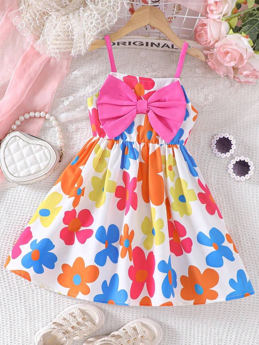 Young Girls Cute Floral Spaghetti Strap Big Bow Tie Vacation Style Sundress For Summer