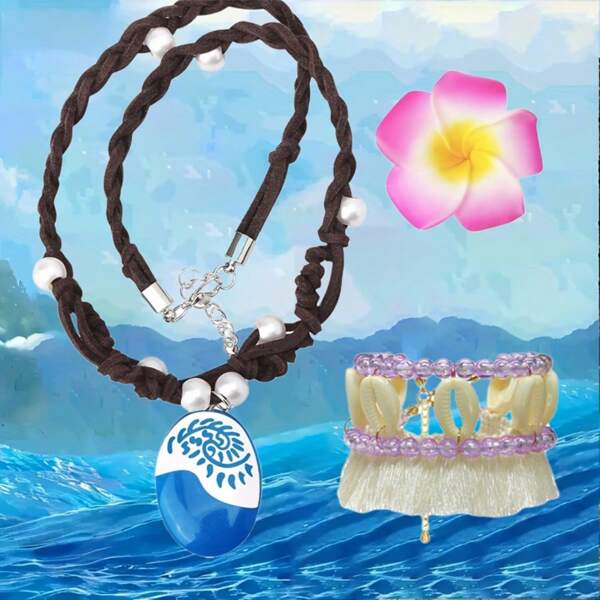 Conjunto de 4 piezas de collar y tobillera con flor de reina hawaiana - Joyería tropical floral decorada en blanco y dorado, perfecta para arreglarse en fiestas, disfraces de Halloween y eventos temáticos, decoraciones de fiesta hawaiana, accesorios de moda, tema tropical, adornos elegantes