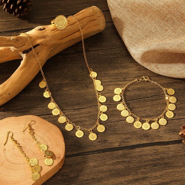 New European And American Popular Fashion Multilayer Carved Coin Chain Necklace Set