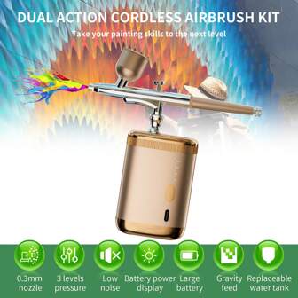 1pc Airbrush Kit With Compressor,Spray Guns - 1200mAh,Adjustable Three Gears,Non-Clogging Air Brush Set Cordless Rechargeable With 0.3mm Nozzle And Cleaning Brush For Nail Art, Makeup, Painting, And Cake Decorating