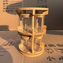 双层木制调味架套装，含 65 毫米 x 100 毫米玻璃调味罐、木制调味品架、双层旋转厨房搁架、橱柜调味品收纳盒、密封食品容器、玻璃密封罐