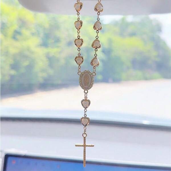 1 Peça Ornamento Suspenso em Forma de Coração com Cruz de Pérola Falsa, Decoração Pendente de Espelho Retro de Metal para Carro