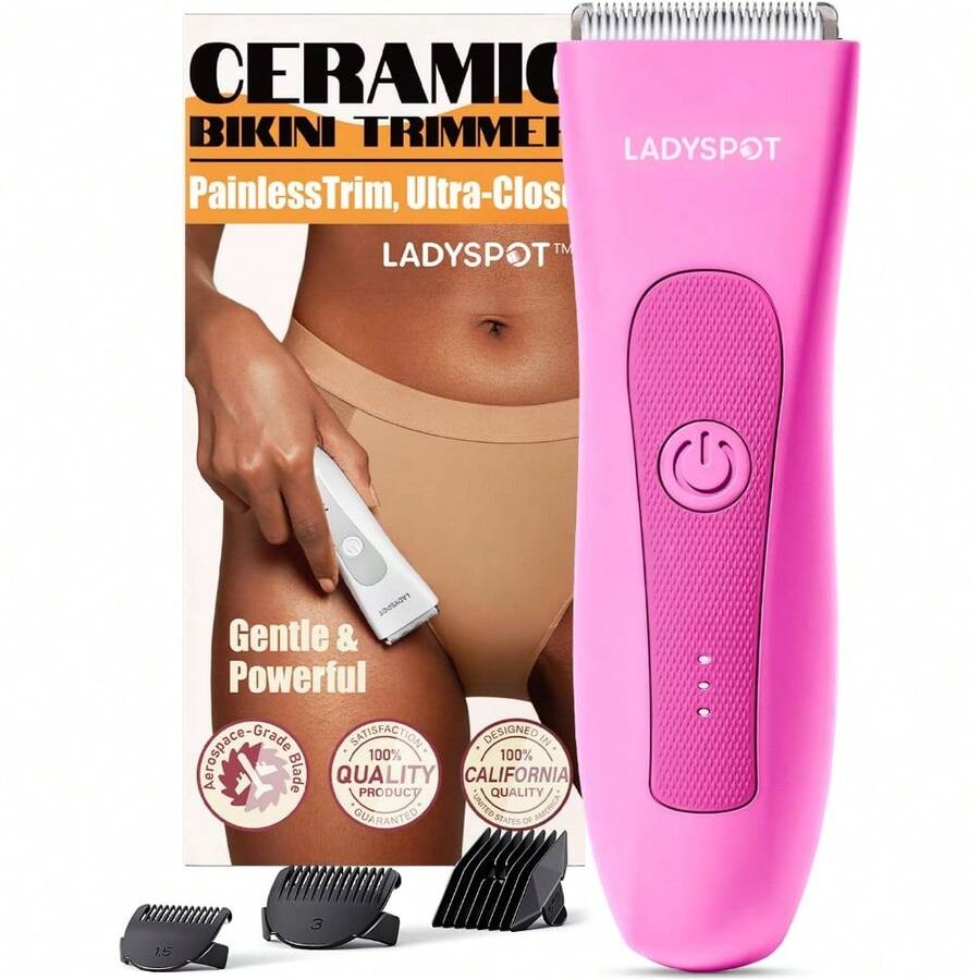 Bikini Trimmer For Women, Pubic Hair Trimmer Shaver For Women -Waterproof Hair Shaver Razors, LADYSPOT™ Shaving Sets,With 3 Guards,Replaceable Hypoallergenic Ceramic Blade,Wet/Dry(Purple) - 玫瑰紅色 - 查看 1