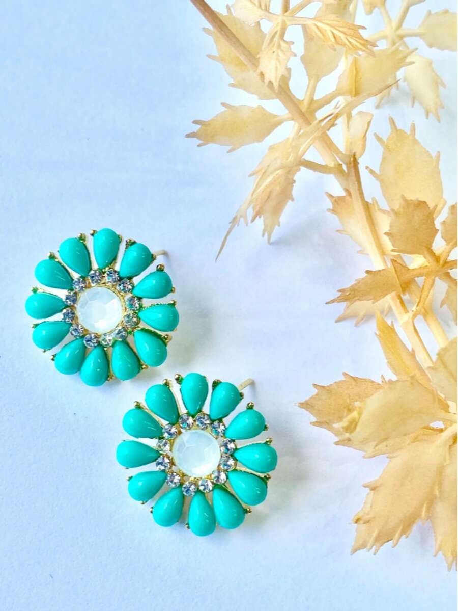 Brinco Dourado Flor com Pedras Turquesa e Cristal - Luane Acessórios