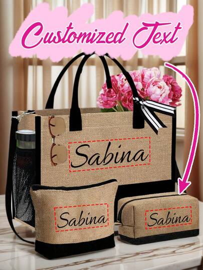 Bolsa de praia de linho personalizada, bolsa tote com letras personalizadas (1 bolsa grande e 2 bolsas pequenas), incluindo bolsa pequena, bolsa tote de linho grande, praia, bolsa tote de viagem, bolsa tote de linho para piquenique, adequada para casamento, perfeita para férias e feriados, adequada para uso diário, sacola de presente personalizada com bolsos laterais, bolsa de praia com cachecol