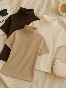 Kit 3 Suplex Blouses High Collar Basic Casual Women - 黑色/棕色/米色 - 查看 1