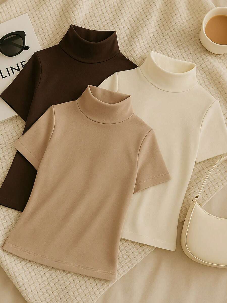 Kit 3 Suplex Blouses High Collar Basic Casual Women - 黑色/棕色/米色 - 查看 1