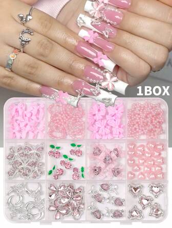 1 boîte de charms pour ongles Y2k en résine, acrylique et alliage. Charms pour ongles 3D avec strass en forme de cœur, étoile, nœud et papillon, ainsi que des pierres précieuses en forme de cerises. Décorations d'ongles brillants et accessoires pour nail art