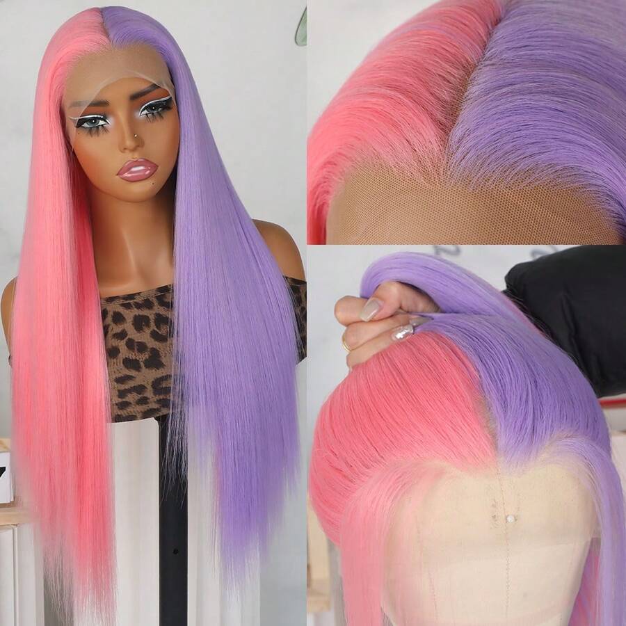 Two Tone Purple Pink Mixed Color Lace Front Wig Long Silky Straight Light Pink Ombre Purple Hair Wigs Pre Plucked Baby Hair Natural Hairline Glueless Heat Resistant Fiber Synthetic Lace Front Wigs 13x4 Free Part For Fashion Women Girls Daily Party Use 26 Inch - 拼色 - 查看 1