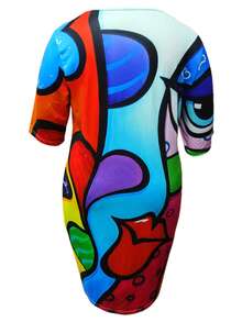 Plus Size Women's Casual V-Neck Dress - Elegant Abstract Face Print, Loose Fit Short Sleeve Dress For Spring & Summer, Machine Washable