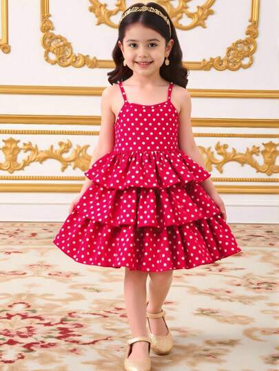 1 Stück Mädchen Casual Polka Dot & Cake Decor Camisole Trägerkleid, Geeignet für Party, Freizeit, Urlaub, Outdoor-Kleidung im Sommer