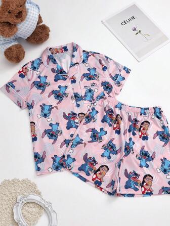 Disney 2pcs/Set Cute Stitch Print Color Block Kids Pajamas, Short Sleeve Top With Pocket And Shorts
