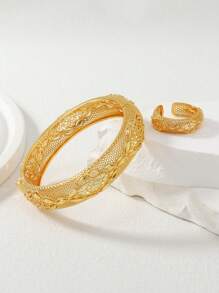 2pcs Set: 22K Gold Plated Hollow Cross & Wheat Pattern Bangle Bracelet And Ring Middle Eastern Saudi Arabia Style Jewelry, Gift For Family And Friends